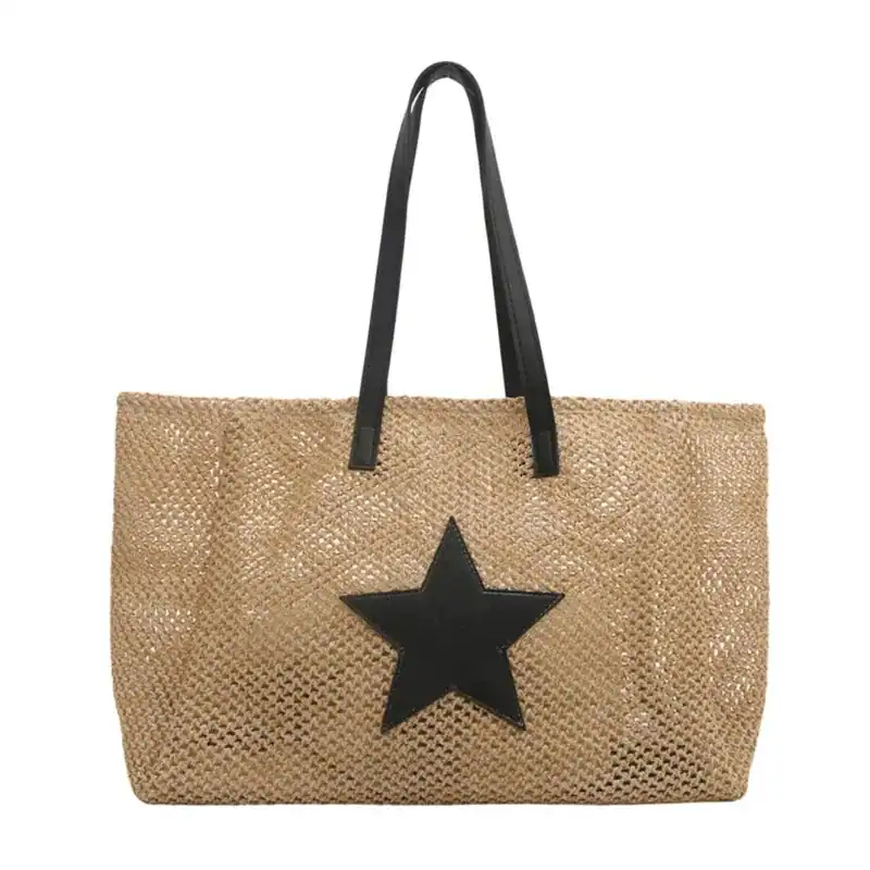 Raffia shoppingväska med svart stjärna, trendig sommarväska för dam.