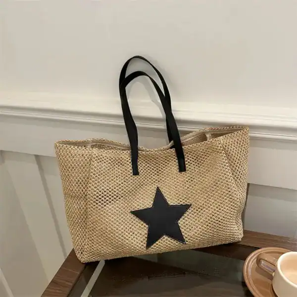 Raffia shoppingväska med svart stjärna, trendig sommarväska för kvinnor.