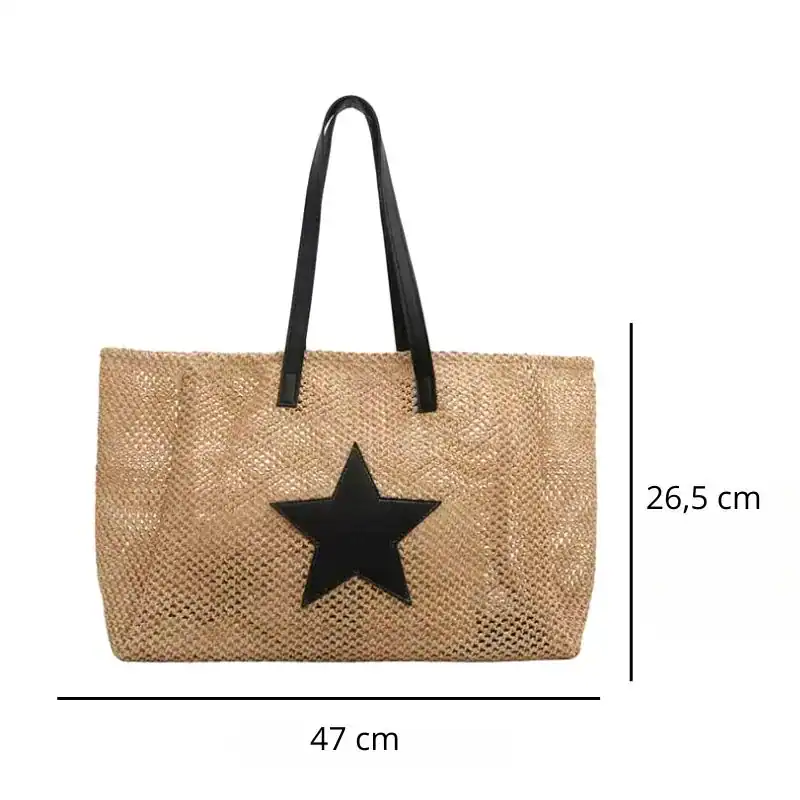 Raffia shoppingväska med svart stjärna, storlek 47x26,5 cm.