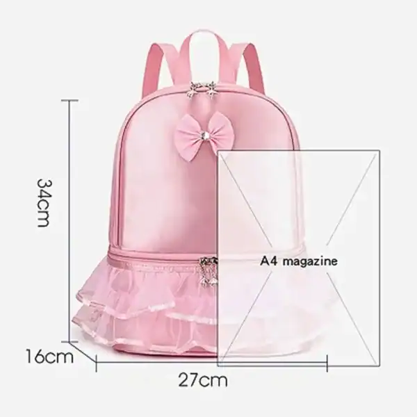 Rosa dansryggsäck med volang, A4-förmig, passar för skola och fritid.
