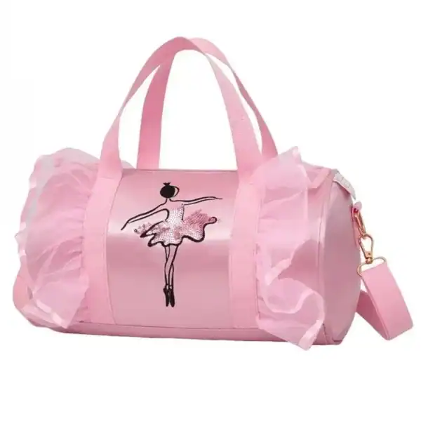 Rosa dansväska för barn med ballerina-motiv och rörsmyckor.