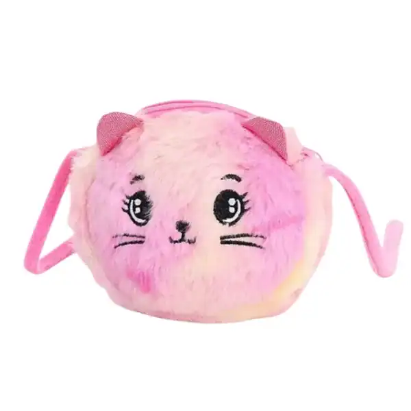 Rosa lurvig kattväska med stora ögon och pärlaögon, plüssig design.