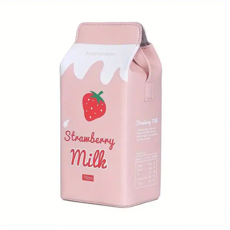 Rosa mjölkpaketsväska med jordgubbe och 'Strawberry Milk'-text.