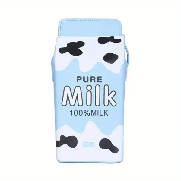 Rosa mjölkpaketsväska i form av mjölkpåse med svarta fläckar och texten Pure Milk.