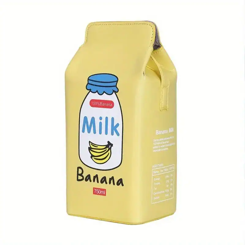 Rosa mjölkpaketsväska i form av bananmjölk, perfekt för barn och barnvänliga design.