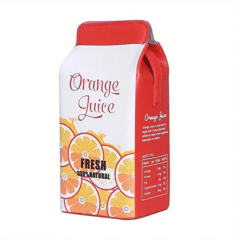Rosa mjölkpaketsväska i form av orangejuice-påse, perfekt som present eller dekoration.