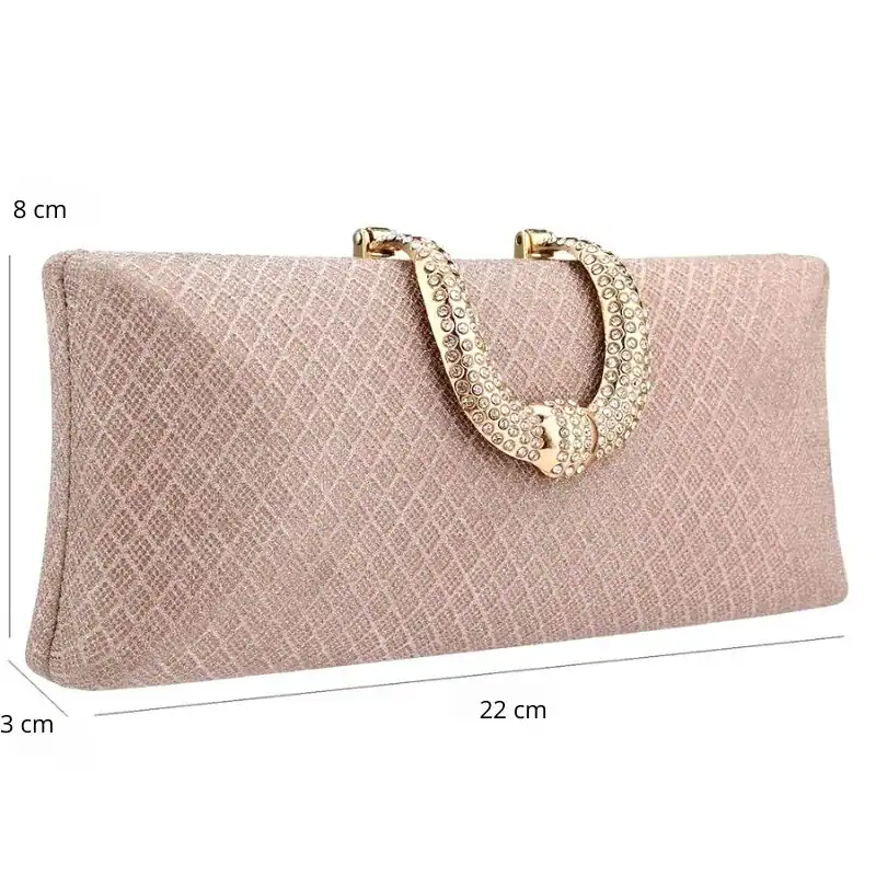 Rosa rutmönstrad clutch med glittrande handtag och mått 22x8x3 cm.