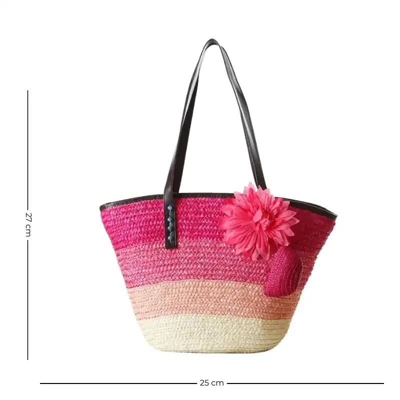 Rosa strandkorg med blomma, storlek 27x25 cm, sommarhandväska för strand och bad.