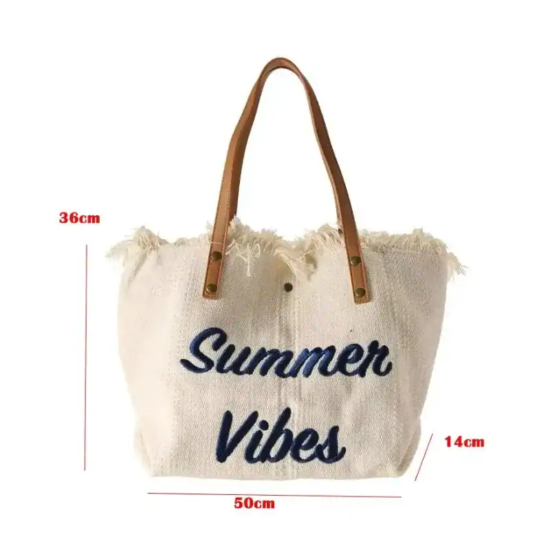 Rosa strandväska med text Summer Vibes, stor handväska för sommar och strand.