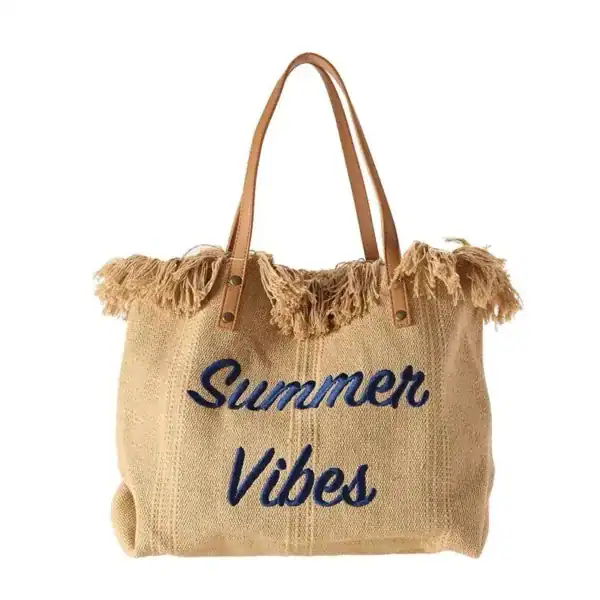 Rosa strandväska med text Summer Vibes, hantverksväskor för sommar.