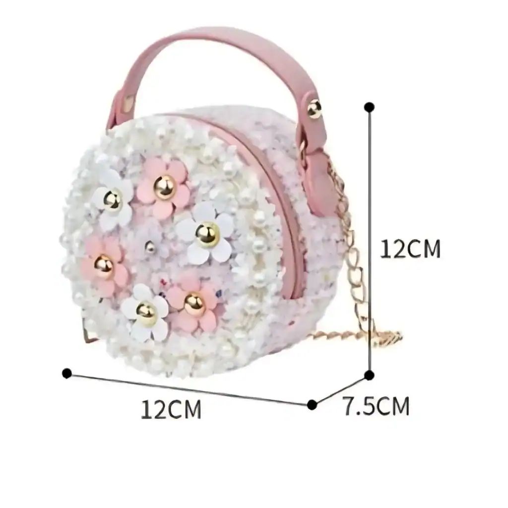Rund barnväska med blommor, rosa och vit, 12 cm stor.