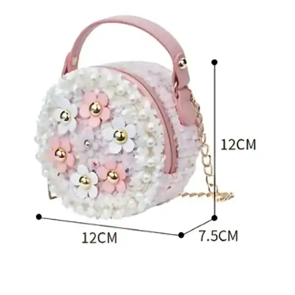 Rund barnväska med blommor, rosa och vit, 12 cm stor.