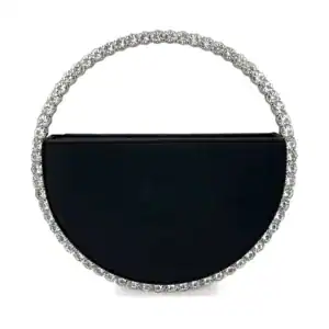 Svart rund clutch med strass och silverfärgad kant.