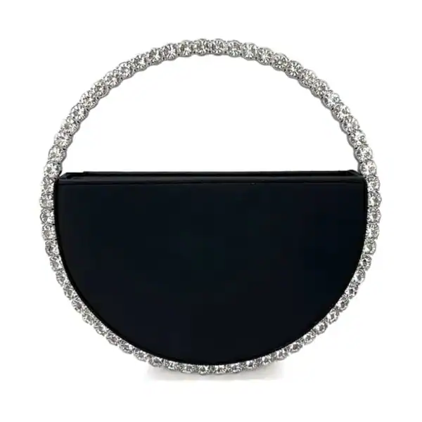 Svart rund clutch med strass och silverfärgad kant.
