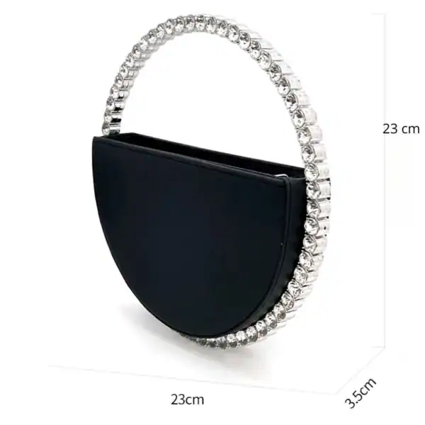 Svart rund clutch med strass, halvmåneformad axelväska för kvällskläderna.