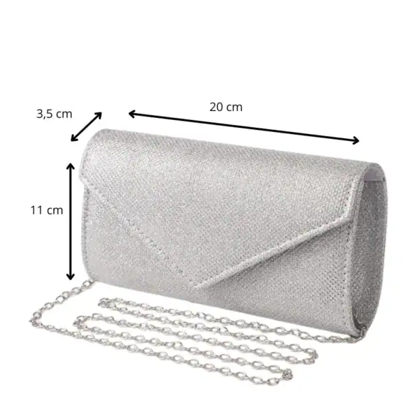 Silver glitter clutch med kedja, eleganta axelväska för fest, 20 cm bred.