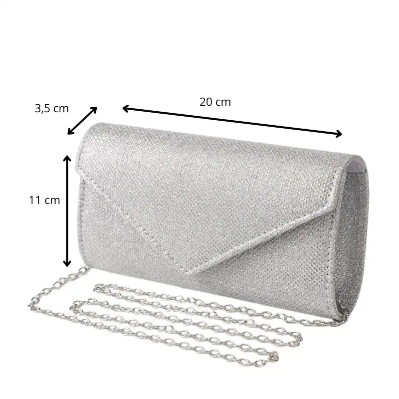 Silver glitter clutch med kedja, eleganta axelväska för fest, 20 cm bred.