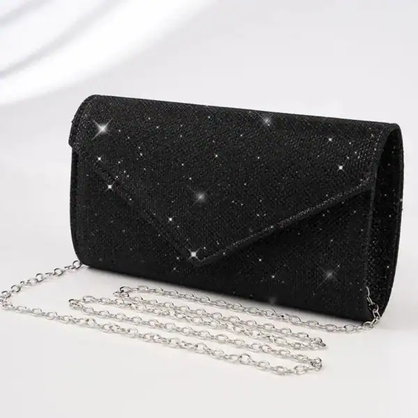 Silver glitterclutch med kedja, svart, glittrig axelväska för kvällsklänning.