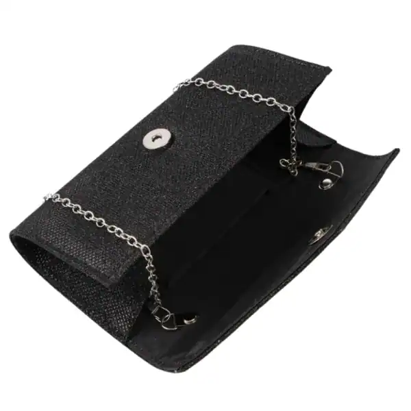 Silver glitterclutch med kedja, svart axelväska med silverkedja och knapp.