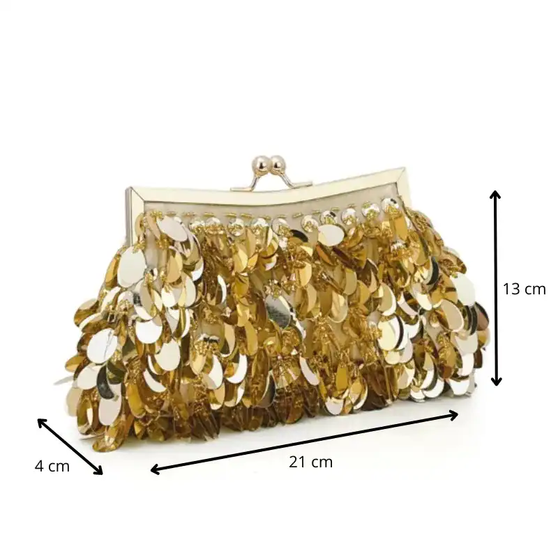 Silver paljettclutch med gyllene paljetter, 21x13 cm, festlig handväska.