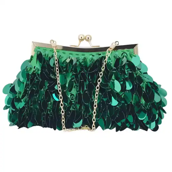 Grön silverpläterad clutch med pärlor och kedja, festlig handväska.
