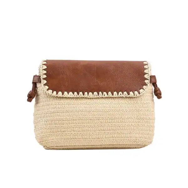 Stråväska med läderlock, beige och brunt, trendig sommarhandväska.