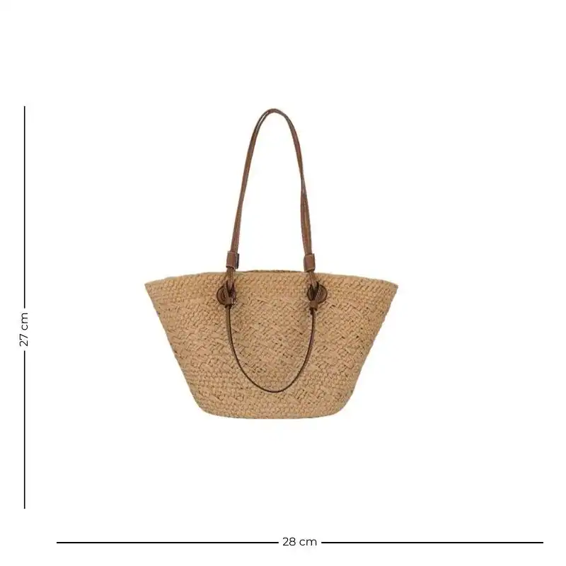 Stråväska med läderrem, beige färg, storlek 27x28 cm.