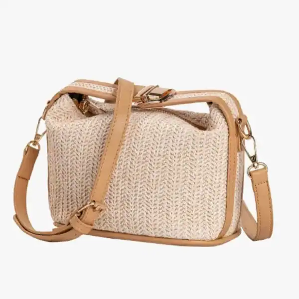 Stråväska med läderrem, liten, beige, sommarväska för kvinnor.