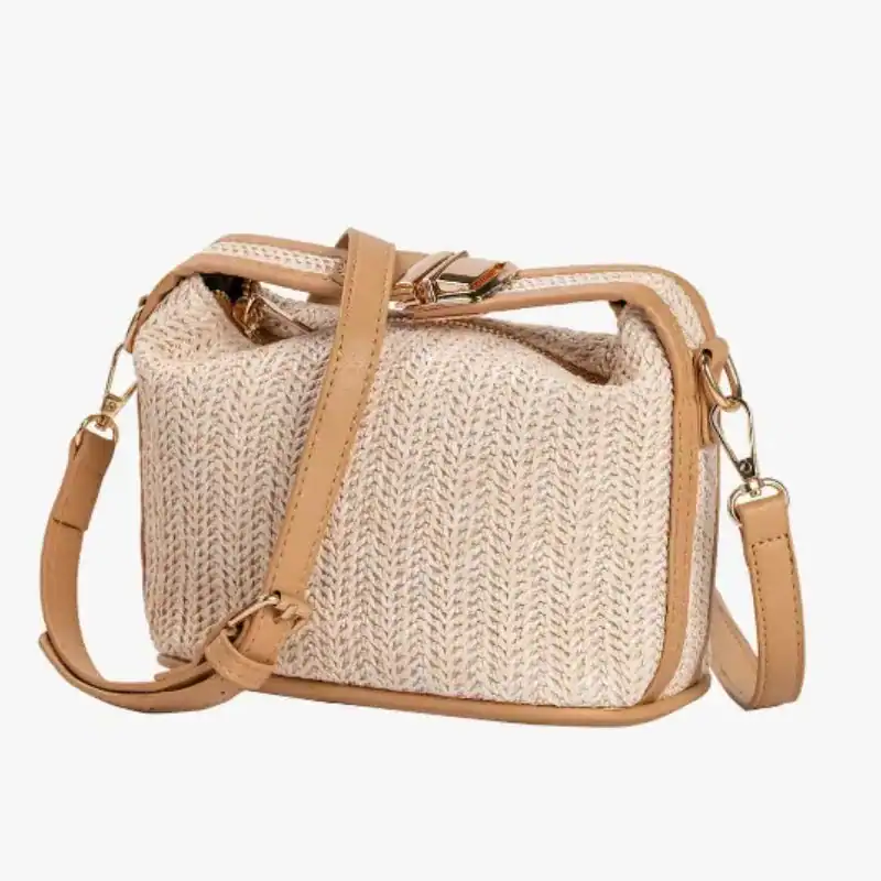 Stråväska med läderrem, liten, beige, sommarväska för kvinnor.