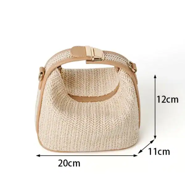 Stråväska med läderrem, liten handväska, beige, 20x12x11 cm.