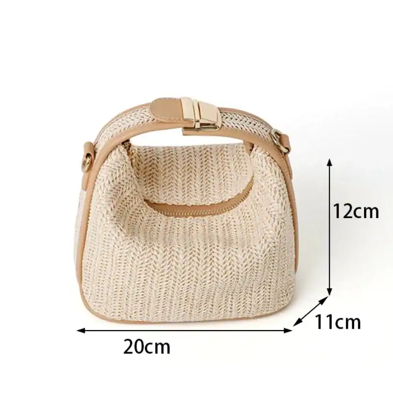 Stråväska med läderrem, liten handväska, beige, 20x12x11 cm.