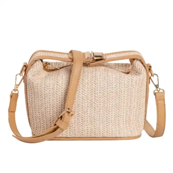Stråväska med läderrem, liten, beige, sommarväska för kvinnor.