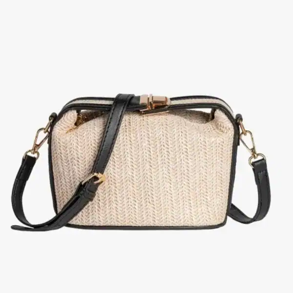 Stråväska med läderrem liten, beige färg, svart läder och guldtonade detaljer.