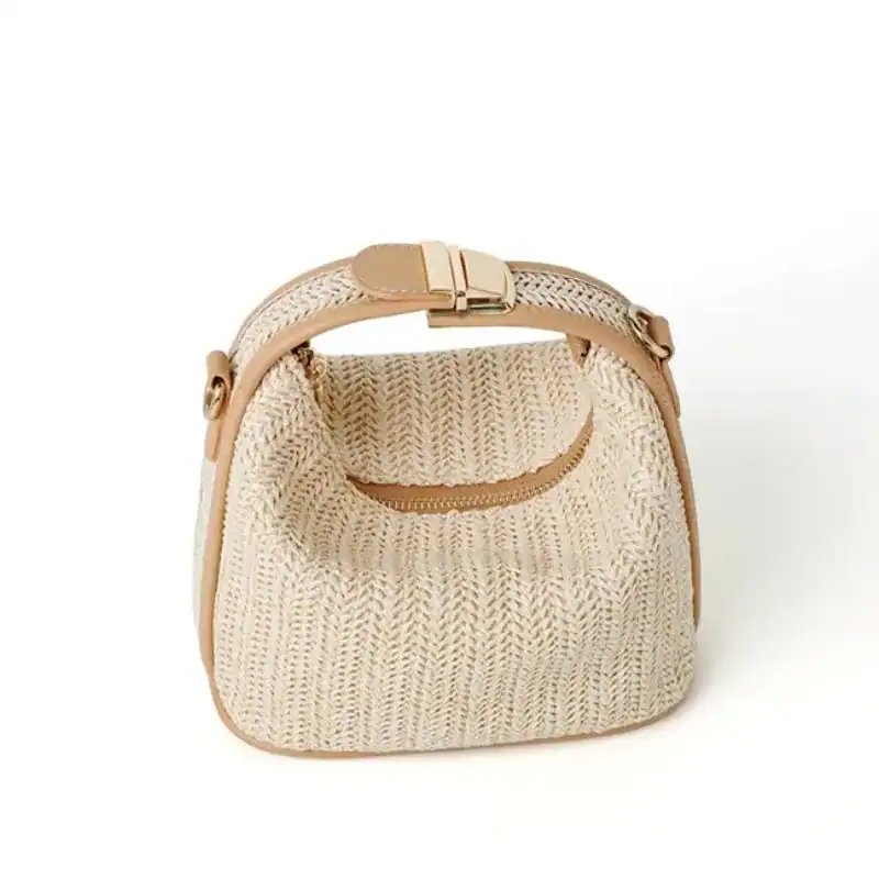 Stråväska med läderrem, liten, beige, sommarväska för kvinnor.