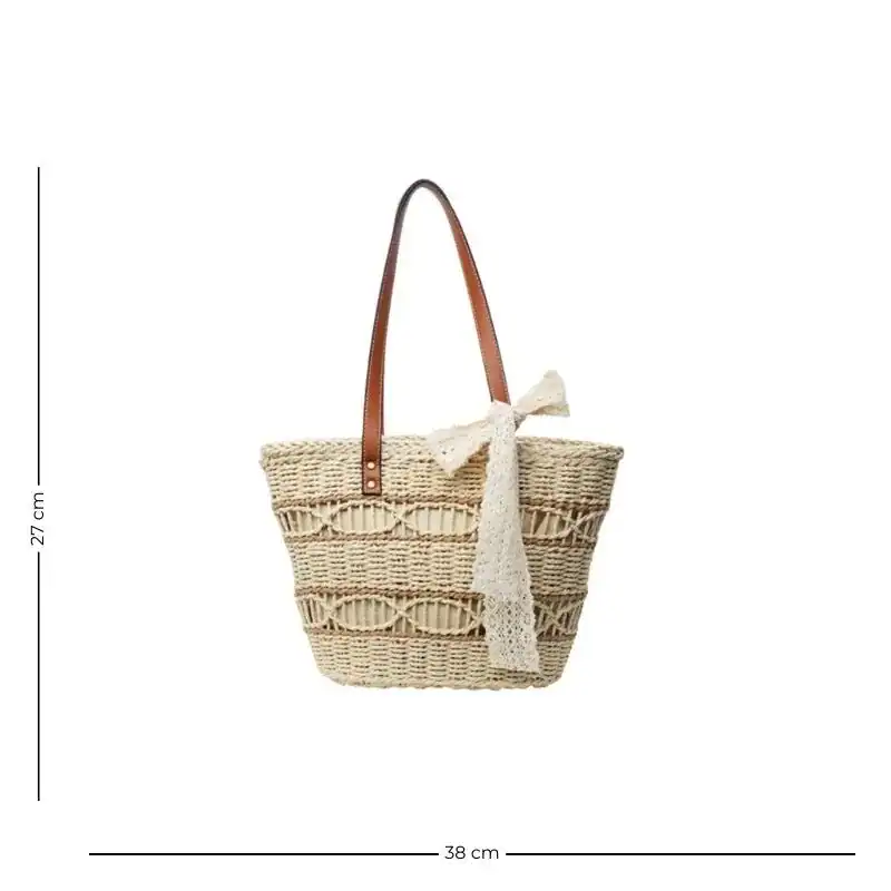 Stråväska med rosett, sommarväska, hantväska, ljusbeige, lätt och stilfull.