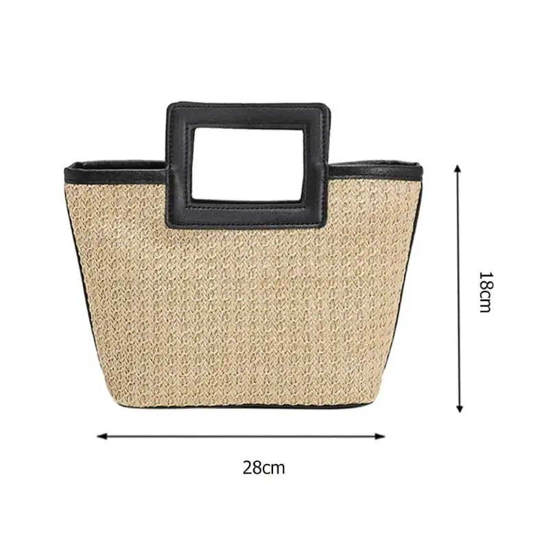 Svart beige flätad väska med kvadratisk handtag, 28x18 cm.