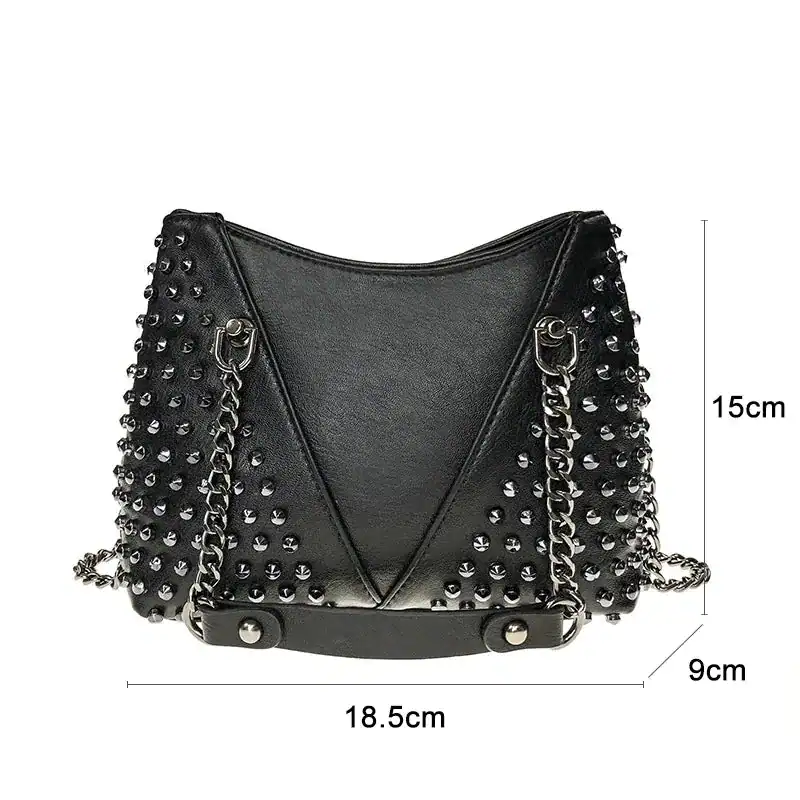 Svart nitväska med kedja, studded axelväska, trendig axelväska för kvinnor.