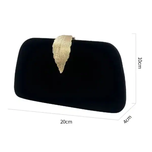 Svart sammetsväska med guldlöv, elegant kvällsväska för dam, 20x10x4 cm.