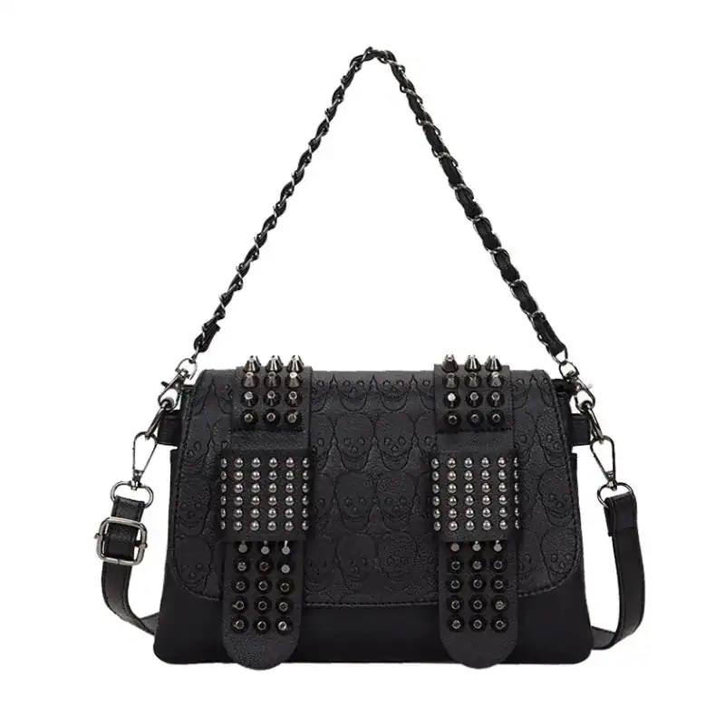 Svart Axelväska med nitar och dödskalle, studded handväska för gotisk stil.