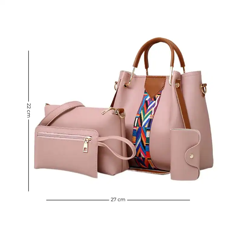 Trendig rosa handväska med färgglad axelrem och tillhörande accessoarer.