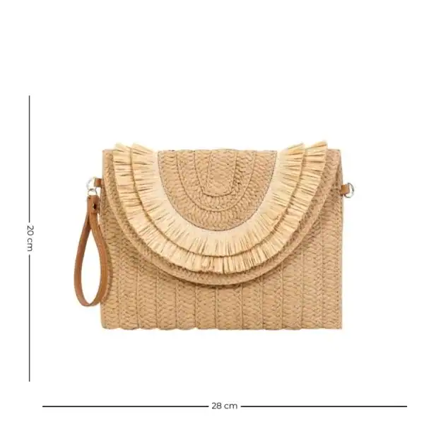 Virkad axelremsväska med fransar, beige färg, 28x20 cm.