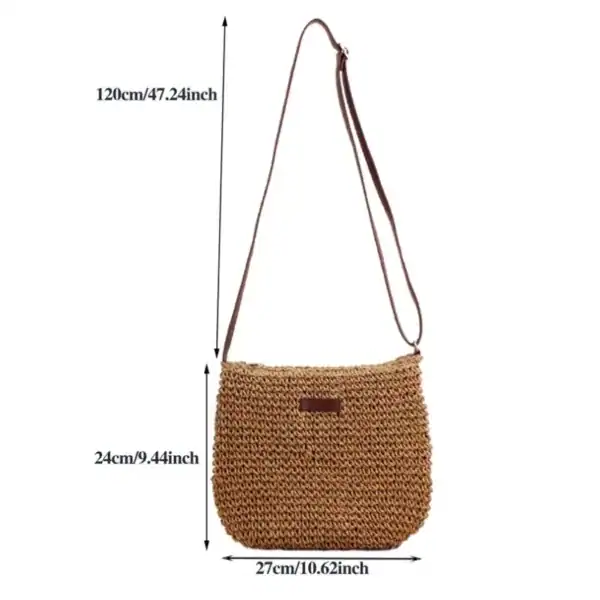 Virkad axelväska beige med mätta dimensioner 120x27x24 cm.