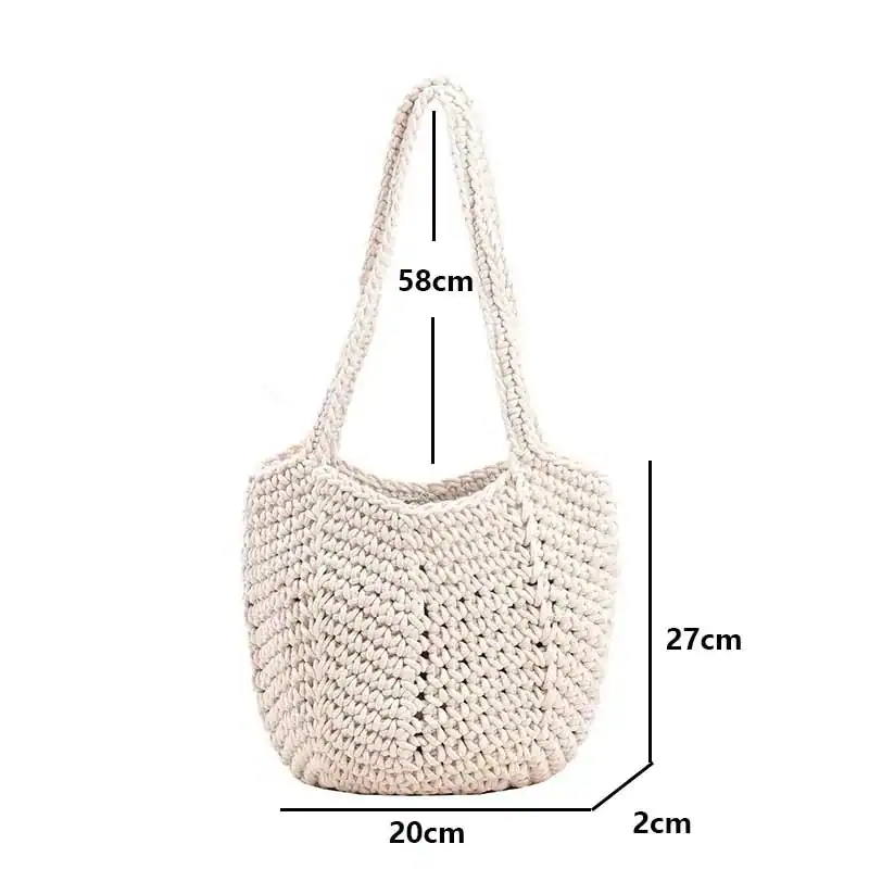 Virkad korgväska i beige, storlek 20x27x58 cm, handgjord väska för daglig användning.