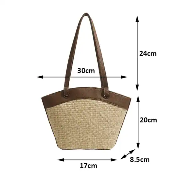 Vit beige stråväska med mätta mått, lämplig för strand och sommar.