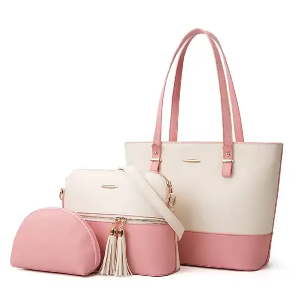Vit beige väskset med rosa detaljer, handväska, axelväska och sminkpåse.