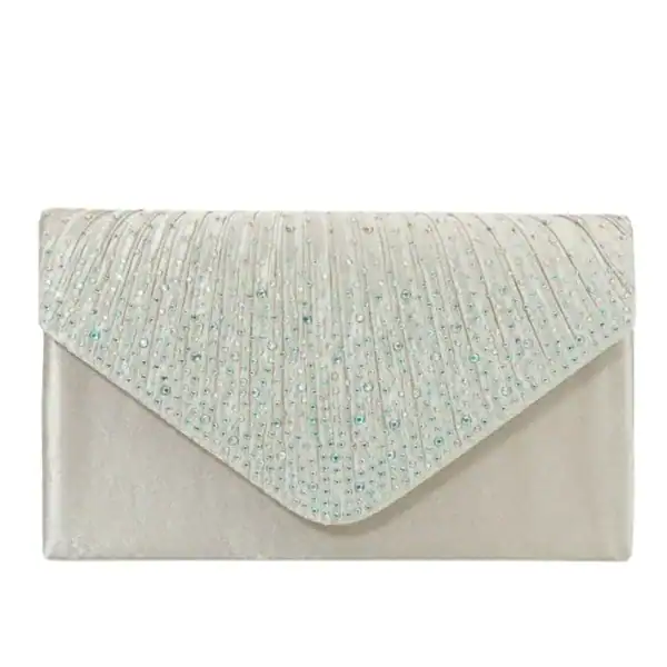 Vit glitterclutch med strass och glittrande detaljer för festlig tillfälle.