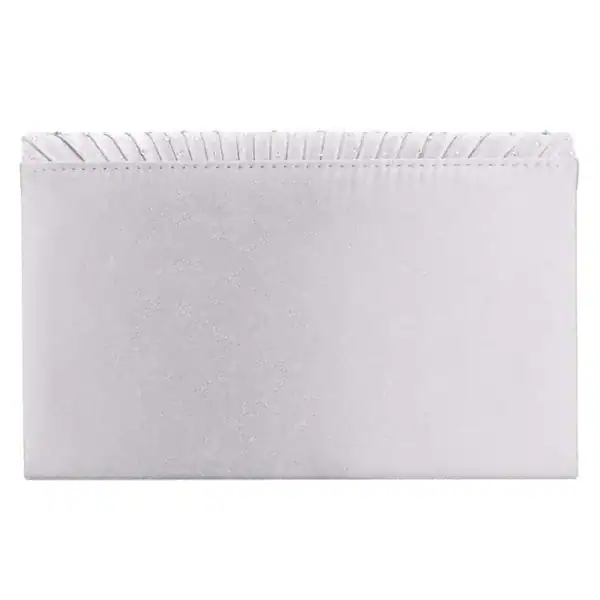 Vit glitterclutch med glittrig yta och detaljerad kant.
