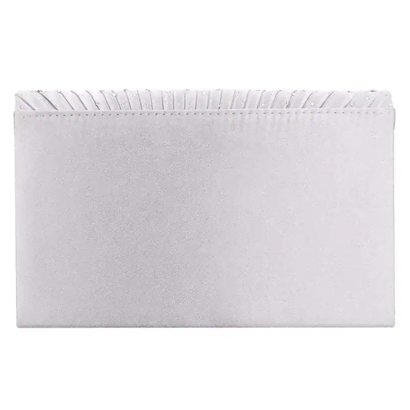 Vit glitterclutch med glittrig yta och detaljerad kant.