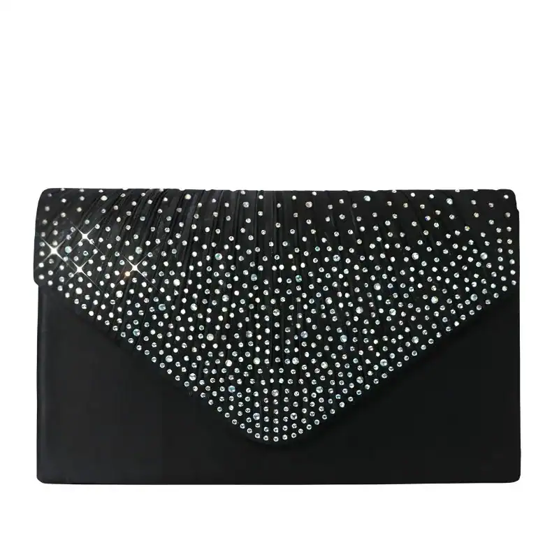 Svart glitterclutch med kristaller och plockad design, perfekt för festliga tillfällen.
