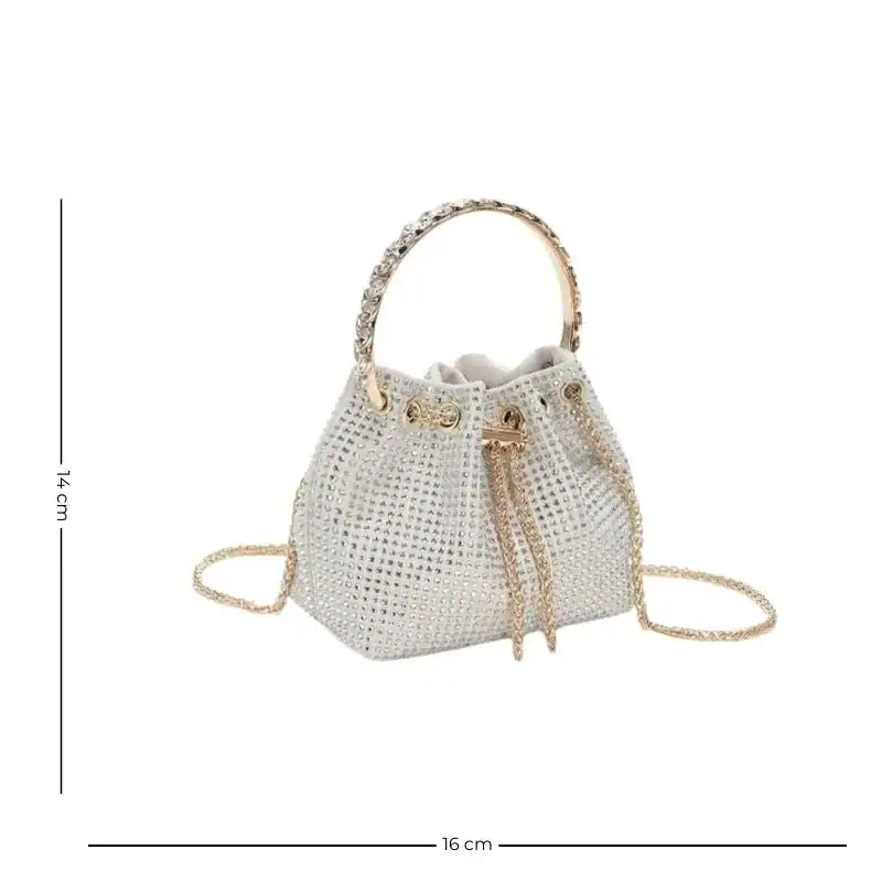 Vit hinkväska med strass, mini bucket bag, glittrande axelväska för kvällskläderna.